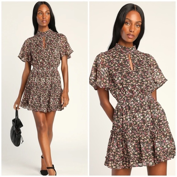 Lulus Dresses & Skirts - LULU’S Always Inspired Black Floral Print Mock Neck Tiered Mini Dress